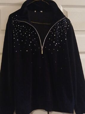 Black Velour Half-Zip Sweater with Rhinestone Detail